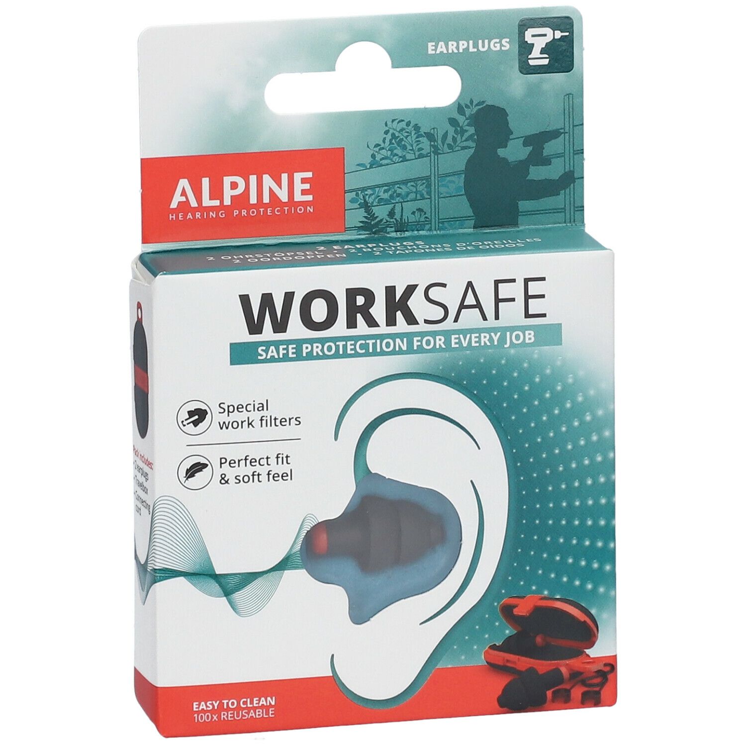 Emballage de protections auditives Alpine Worksafe. Bouchons d'oreille noirs avec filtre rouge, représentés dans une oreille. Texte : Worksafe, Alpine.