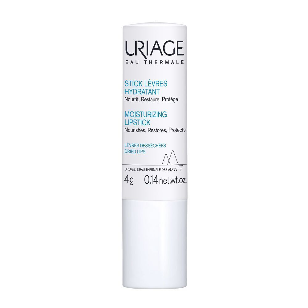 Stick à lèvres blanc avec texte bleu. Marque: Uriage. Texte: Stick Lèvres Hydratant, Moisturizing Lipstick, 4g.