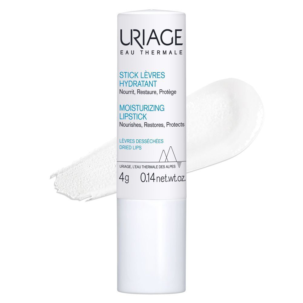 Stick à lèvres avec pointe blanche et trait blanc. Marque: Uriage. Texte: Stick Lèvres Hydratant, 4g.