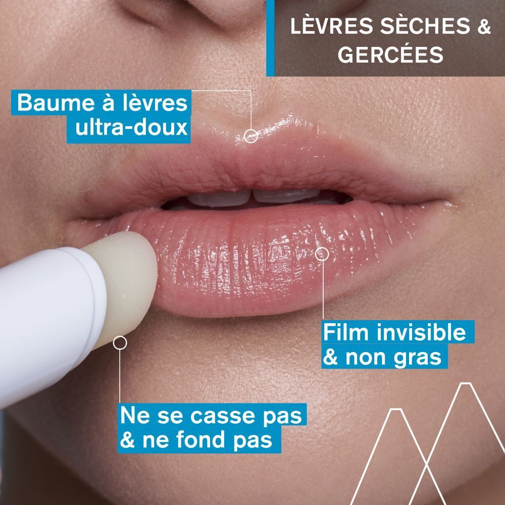 Lèvres traitées avec un stick à lèvres. Texte: Ne se casse pas & ne fond pas.