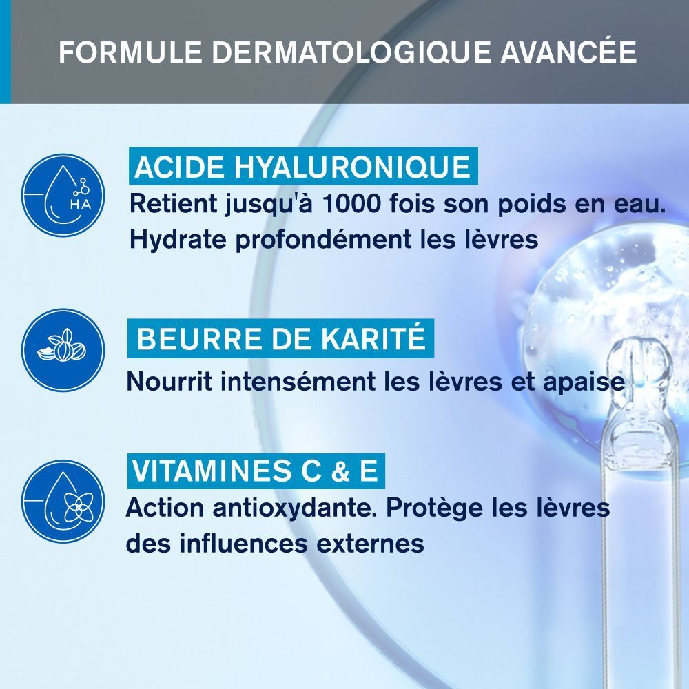 Texte et illustrations. Texte: Acide hyaluronique, beurre de karité, vitamines C & E. Formule dermatologique.