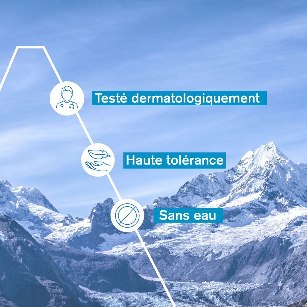 Texte et illustrations. Texte: Testé dermatologiquement, haute tolérance, sans eau.