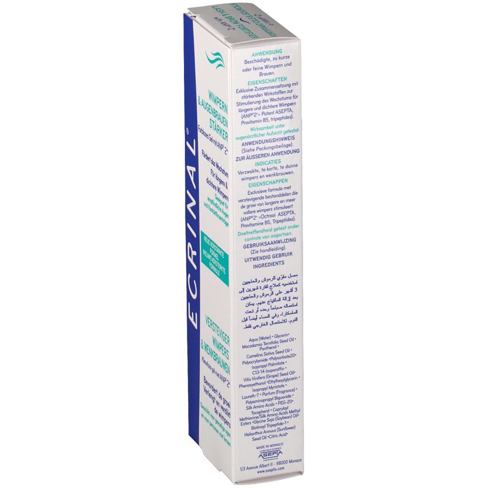 Boîte de ECRINAL® Gel fortifiant cils et sourcils. Emballage bleu et blanc. Texte: Wimpern & Augenbrauen stärker. Ingrédients et utilisation.