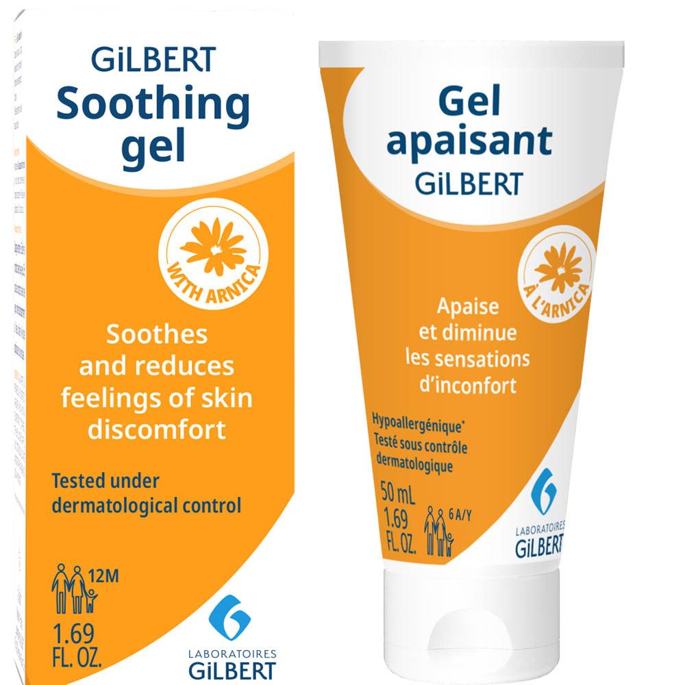 Tube et boîte de gel apaisant GILBERT. Contient de l'arnica. 50 ml. Testé dermatologiquement.