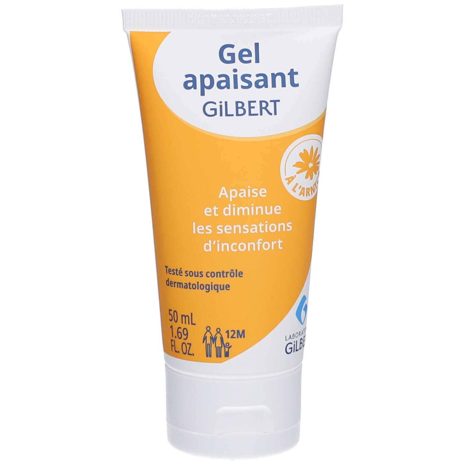 Tube de gel apaisant GILBERT, blanc et jaune. Contient de l'arnica. 50 ml. Testé dermatologiquement.