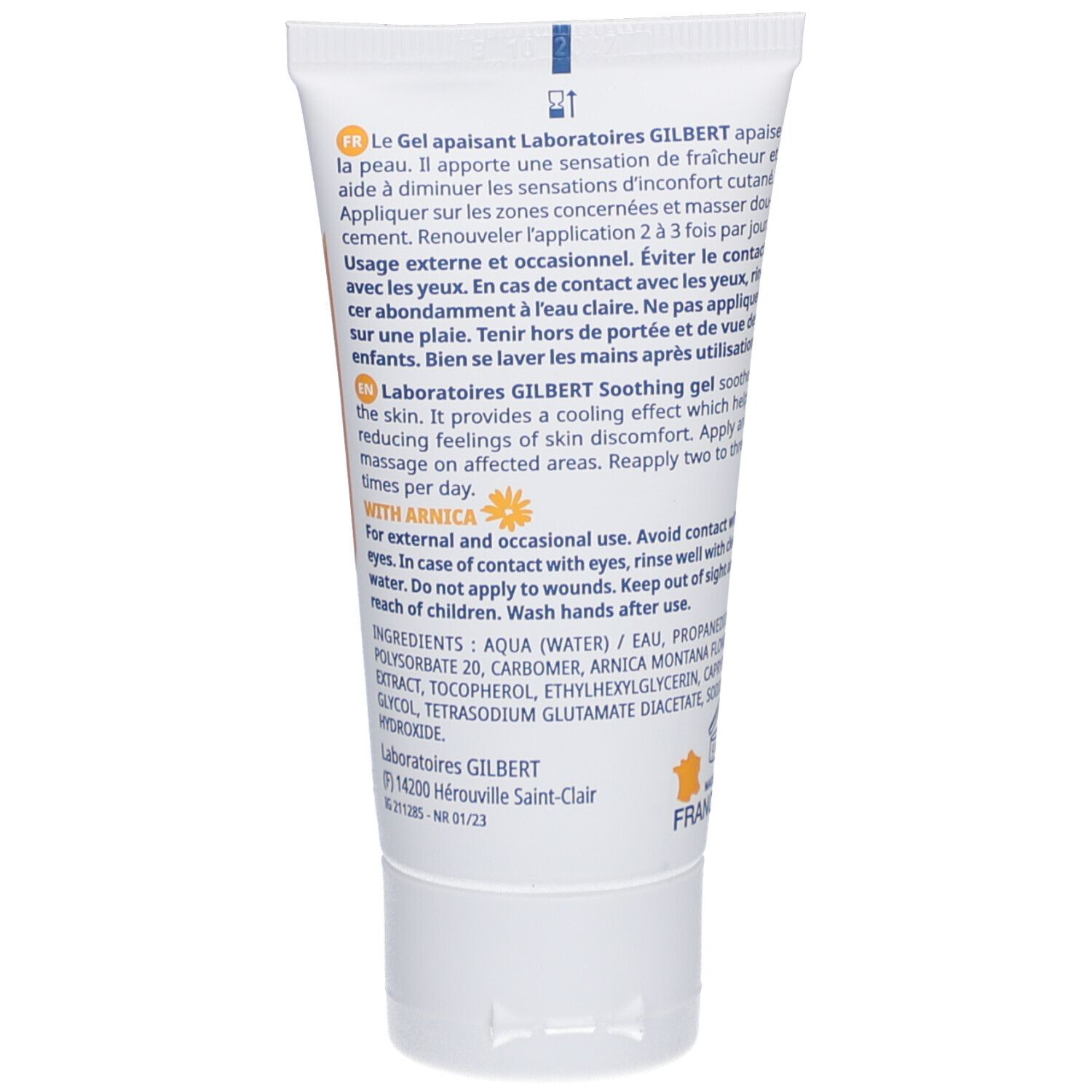 Dos du tube de gel. Texte en français et anglais. Ingrédients et instructions d'utilisation.