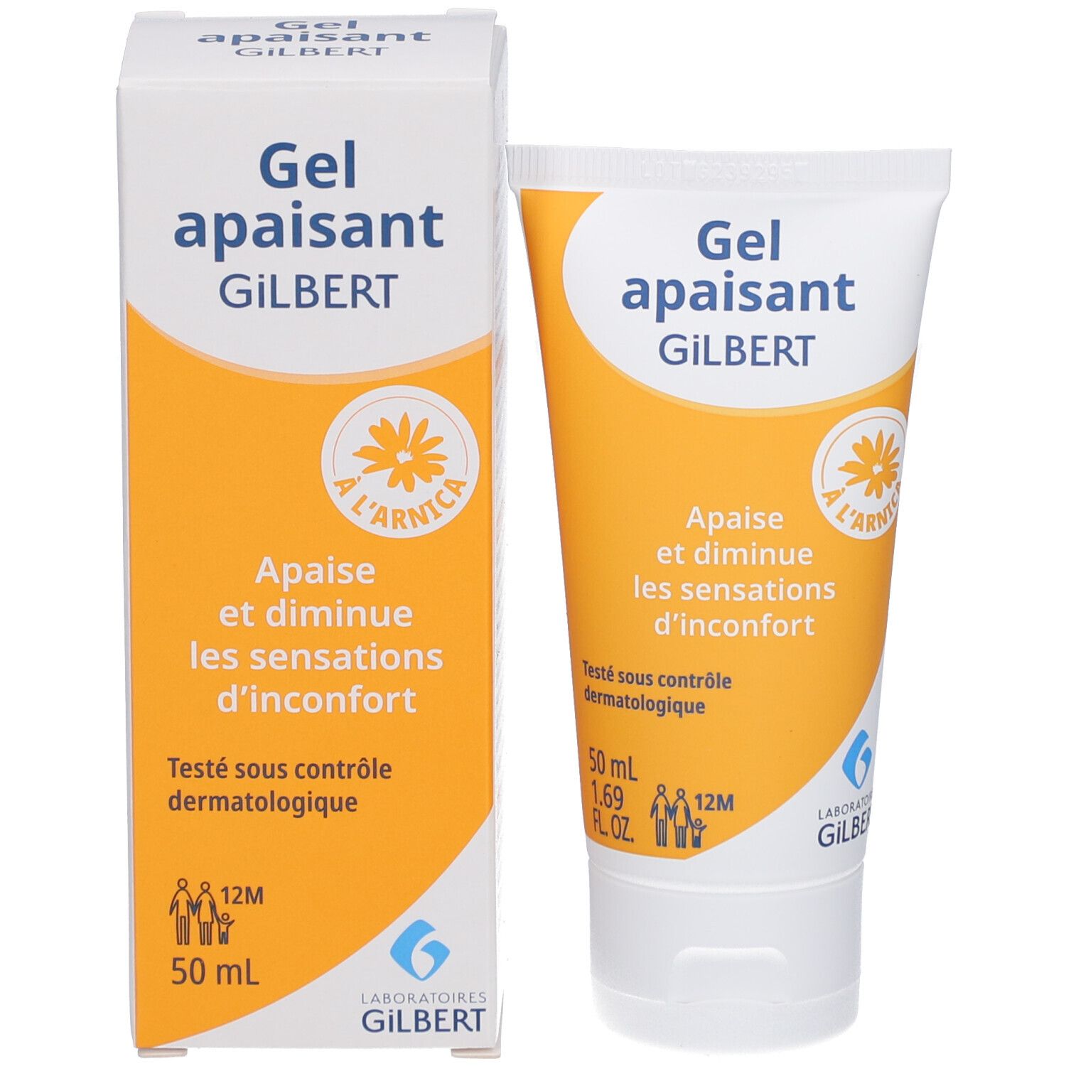 Boîte et tube de gel apaisant GILBERT. Contient de l'arnica. 50 ml. Testé dermatologiquement.