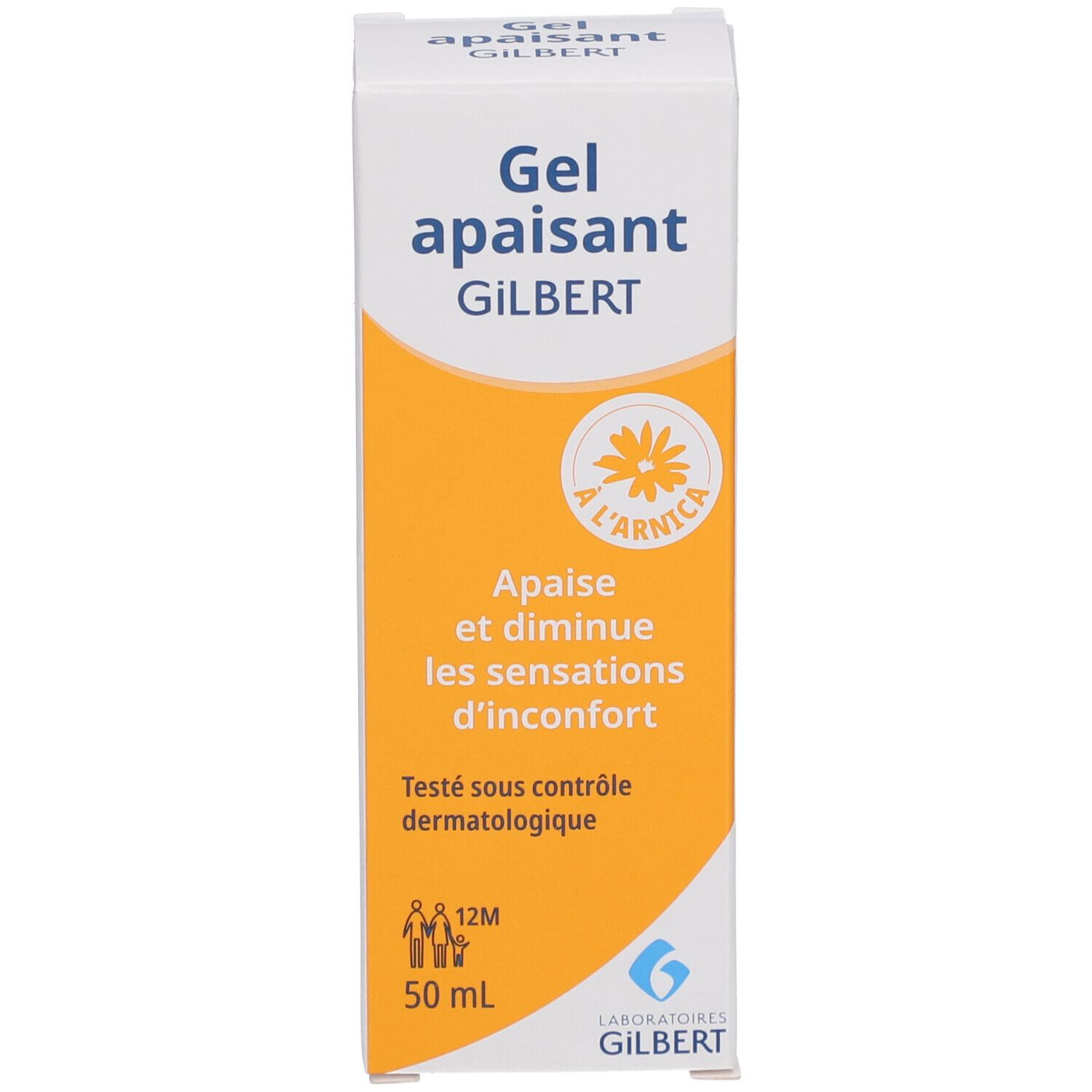Boîte de gel apaisant GILBERT. Contient de l'arnica. 50 ml. Testé dermatologiquement.