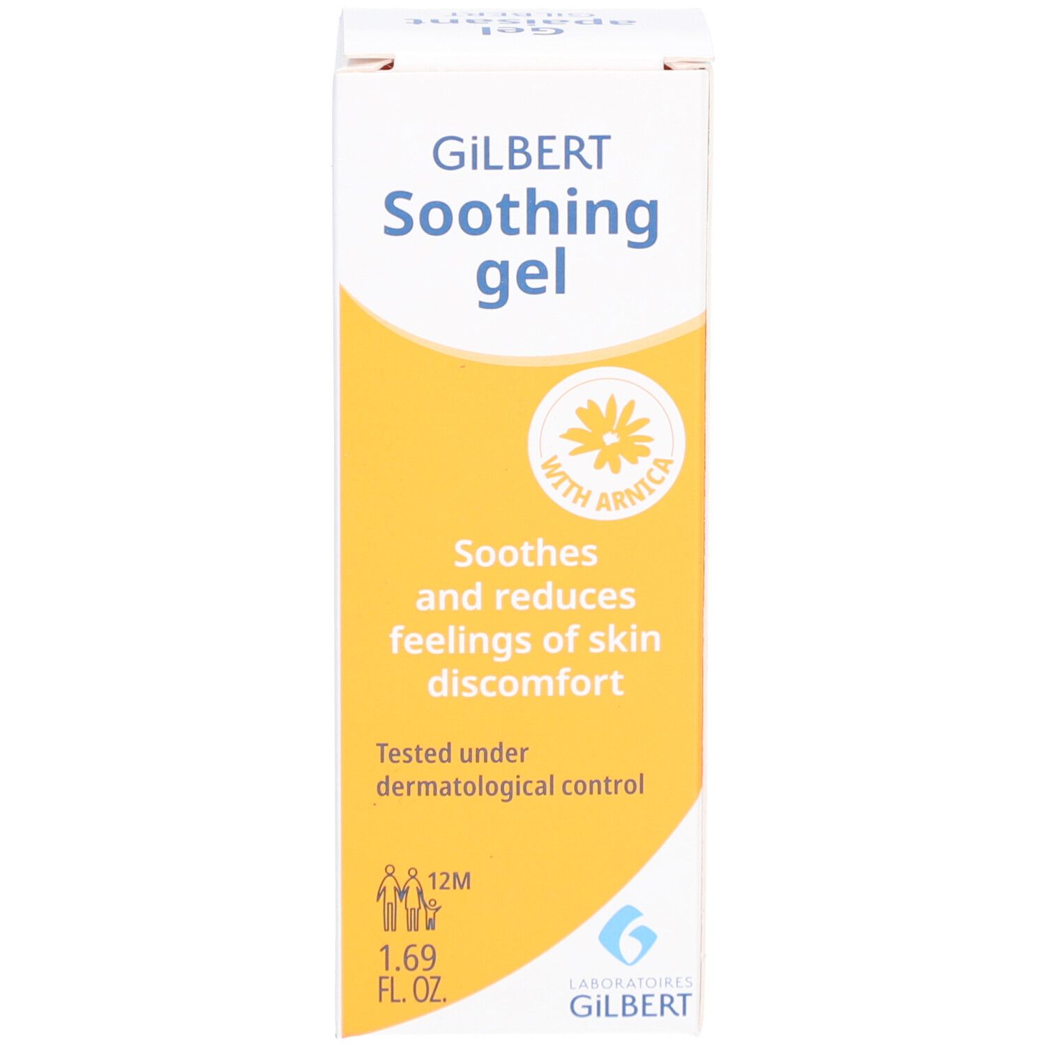 Boîte de gel GILBERT Soothing. Contient de l'arnica. Testé dermatologiquement. 1.69 FL.OZ.