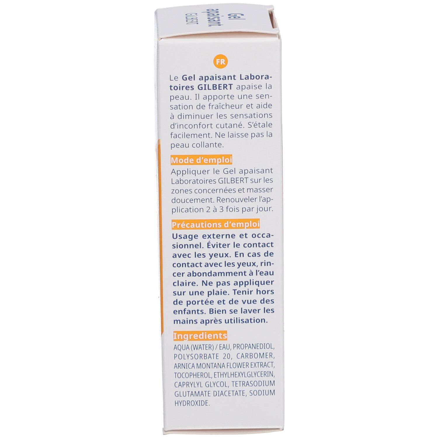 Dos de la boîte de gel. Texte en français. Instructions et ingrédients.