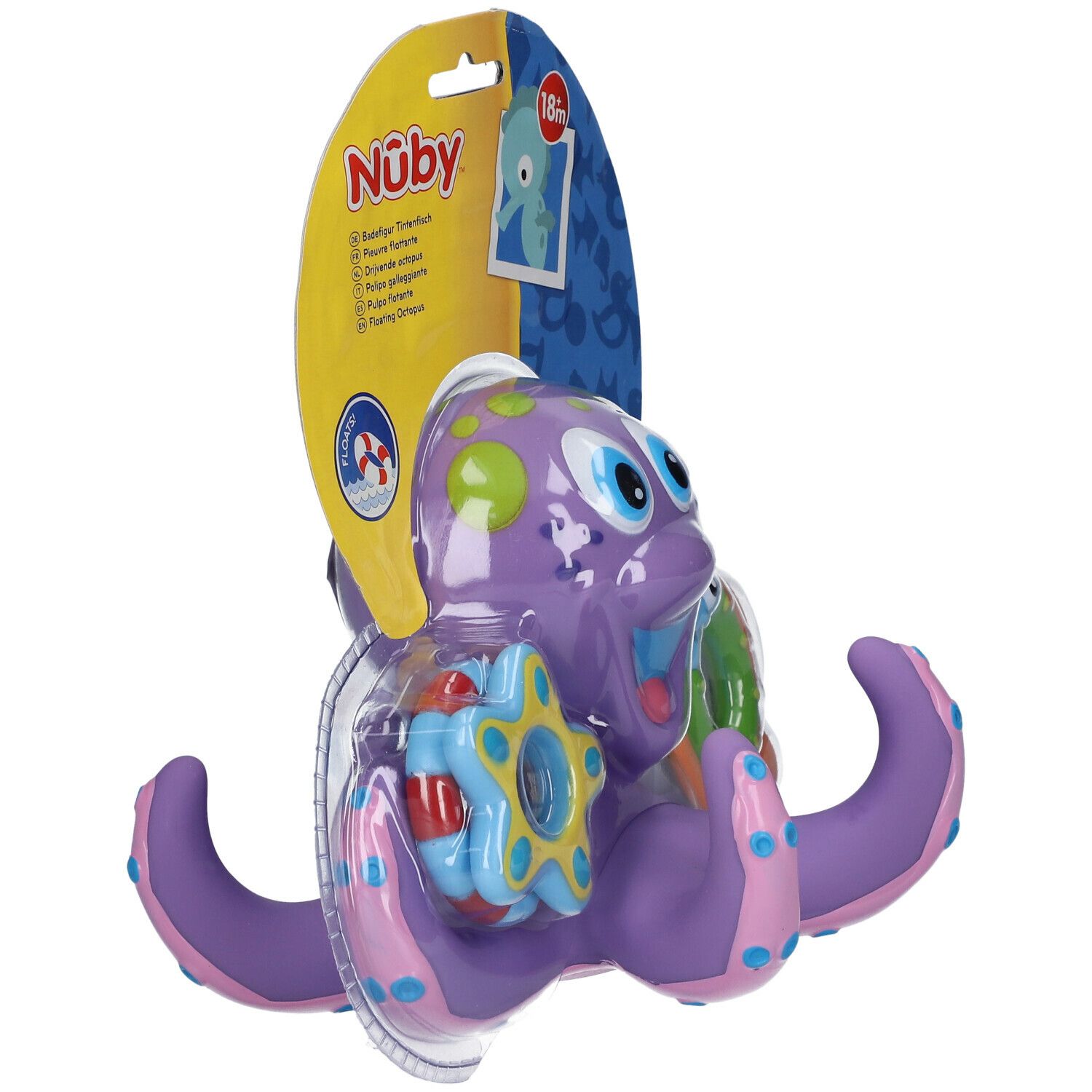 Paarse octopus badspeelgoed met ringen. Verpakt in blisterverpakking met gele karton. Merk: Nûby.