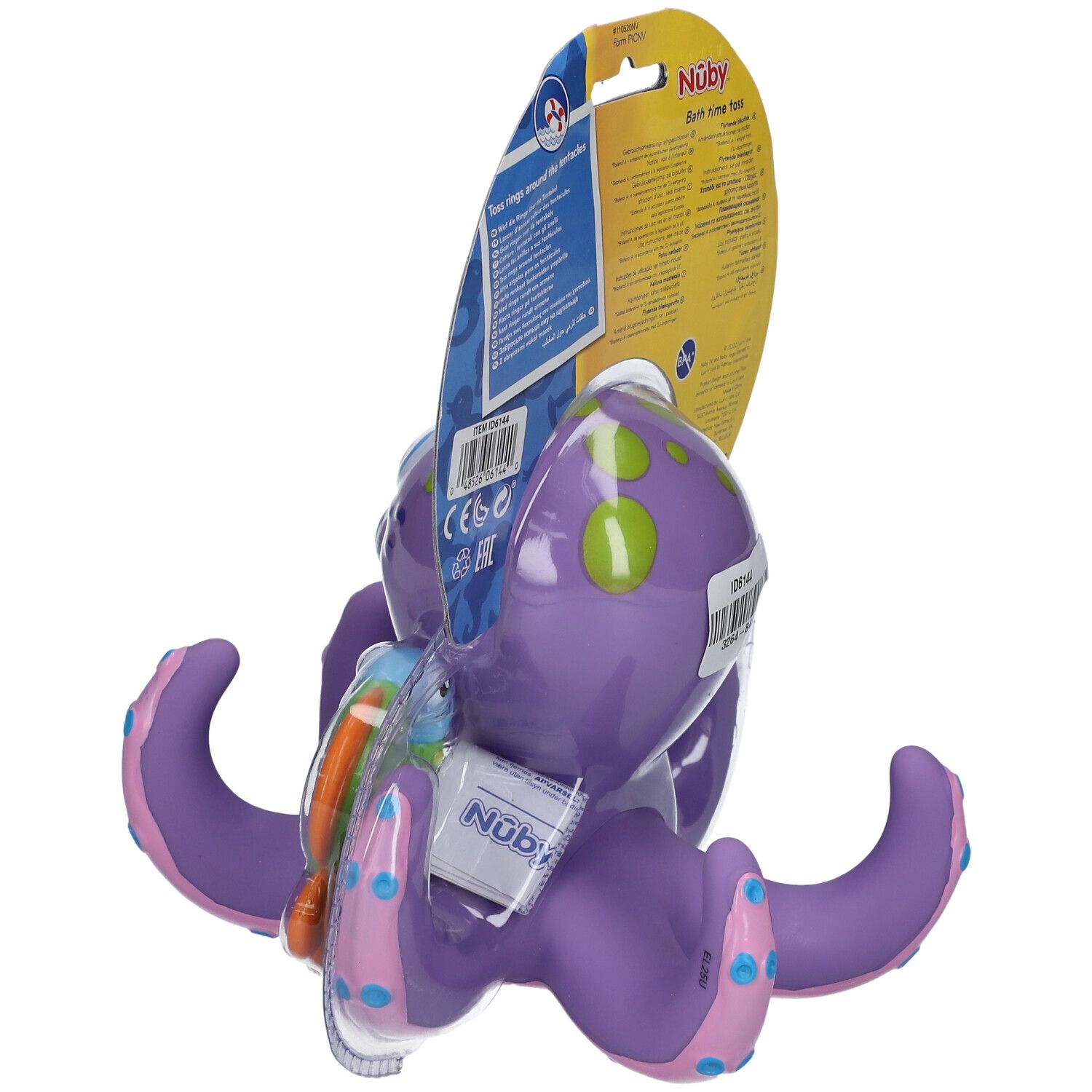 Lila Oktopus-Badespielzeug mit grünen Punkten auf dem Körper und rosa Tentakeln mit blauen Punkten. In Blisterverpackung.