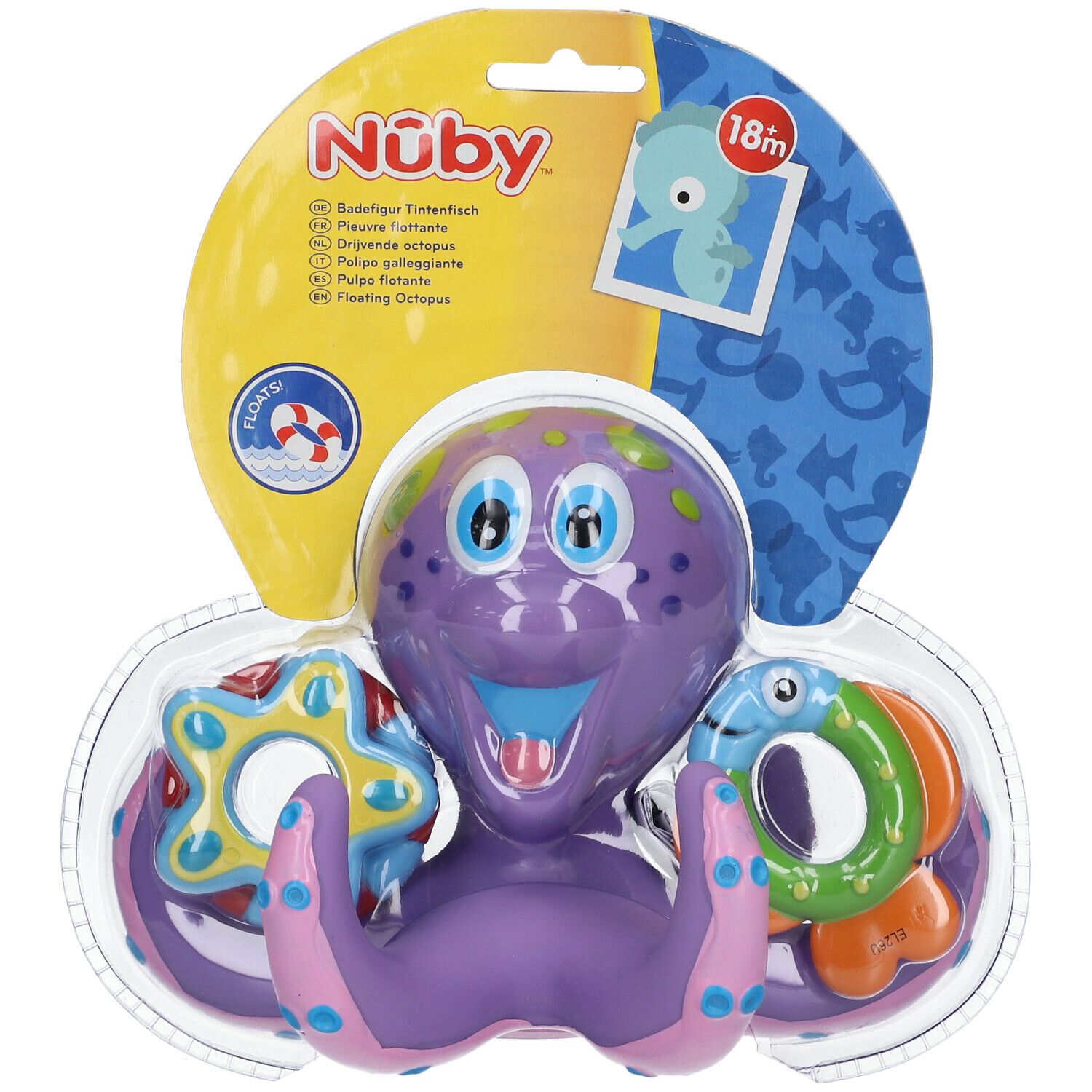 Paarse octopus badspeelgoed met ringen. Verpakt in blisterverpakking met gele karton. Merk: Nûby.