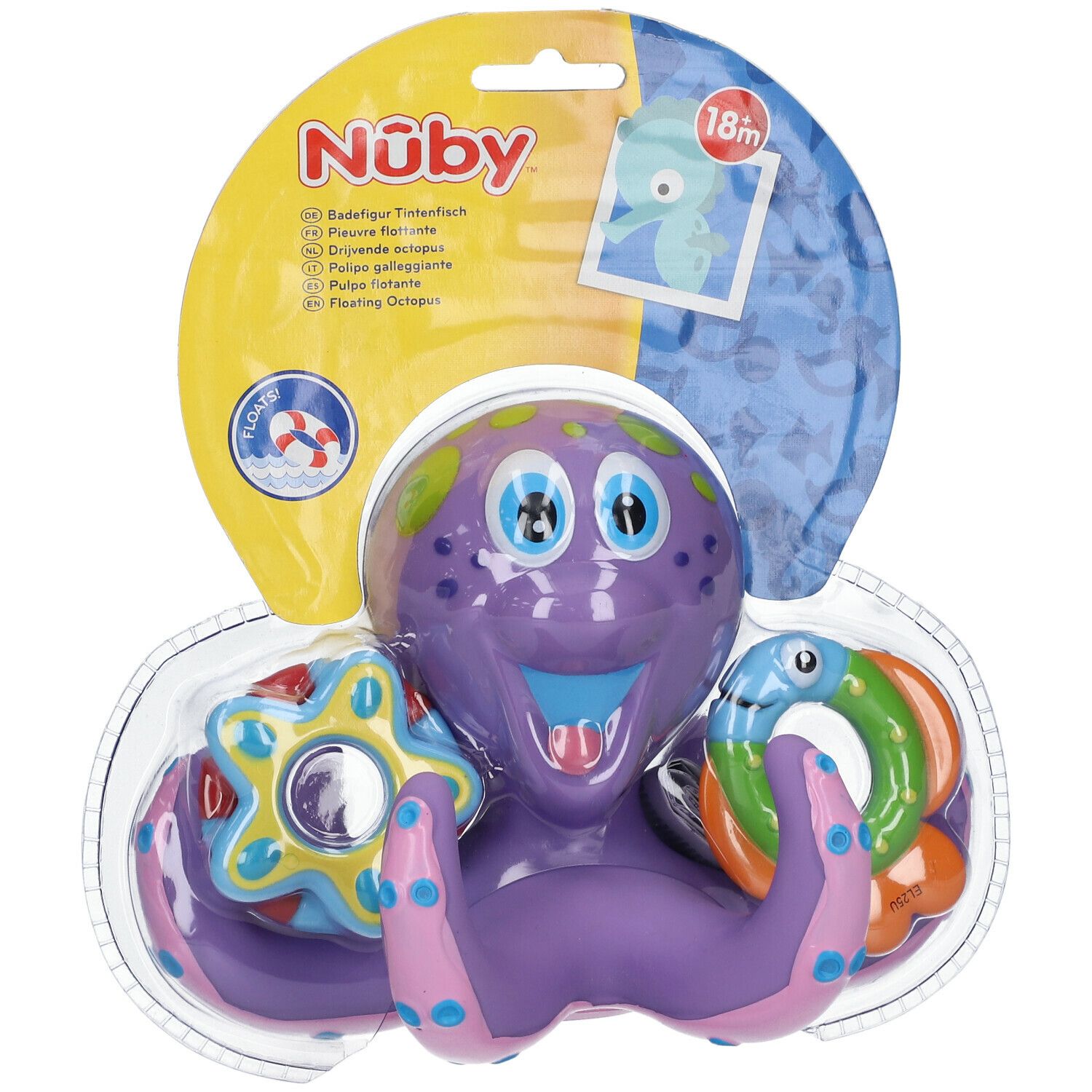 Paarse octopus badspeelgoed met ringen. Verpakt in blisterverpakking met gele karton. Merk: Nûby.