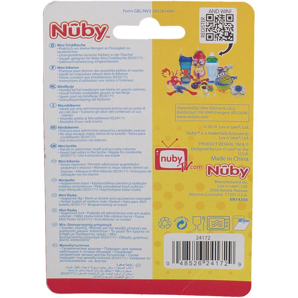 Achterkant van de Nuby Mini drinkfles verpakking. Tekst in meerdere talen. Barcode en QR-code.