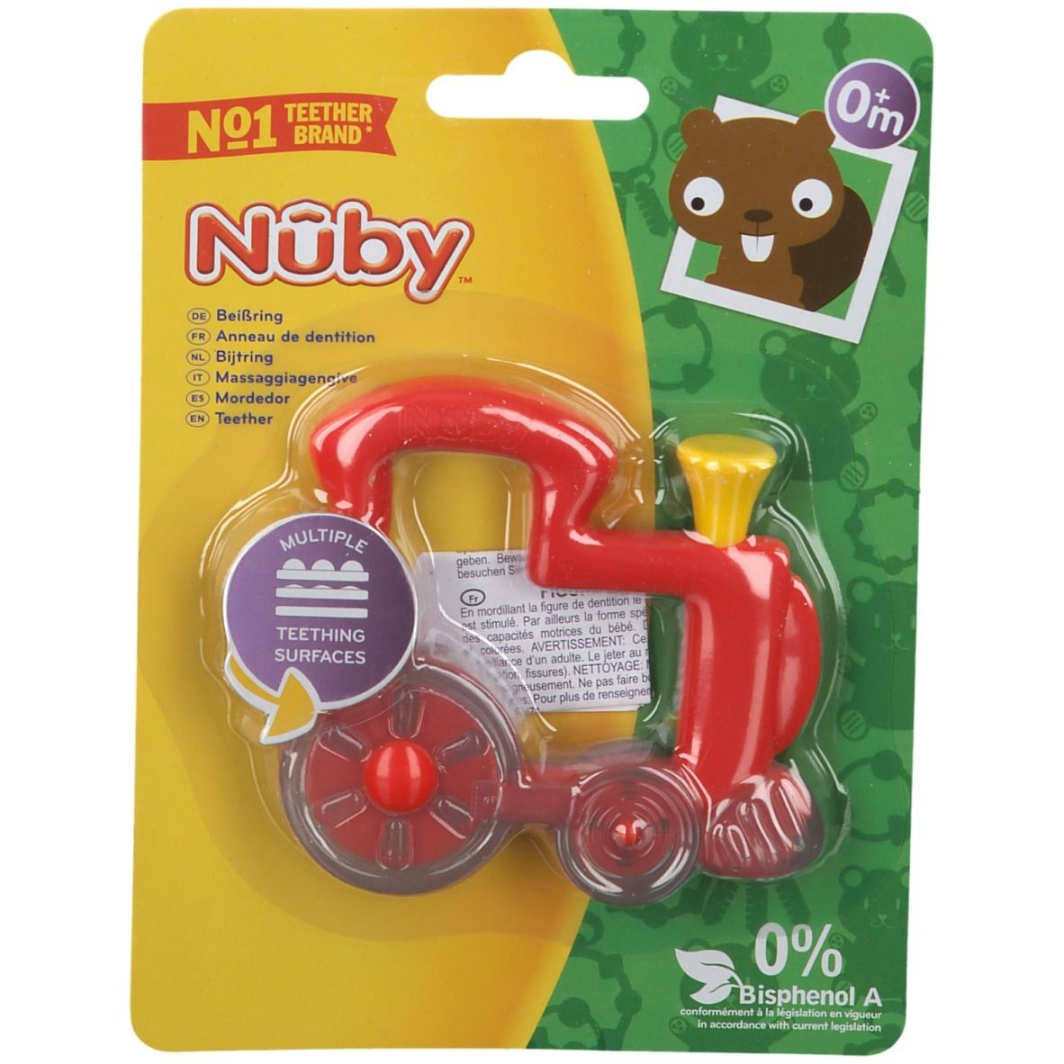 Anneau de dentition Nuby en forme de train, rouge. Plusieurs surfaces de dentition. Emballage avec informations.