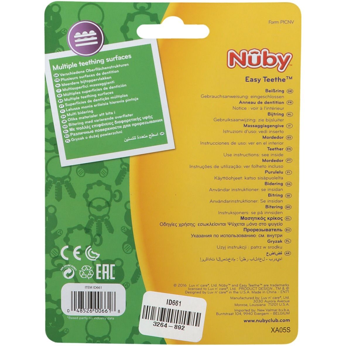 Dos de l'emballage Nuby Easy Teethe. Informations produit multilingues et mode d'emploi.