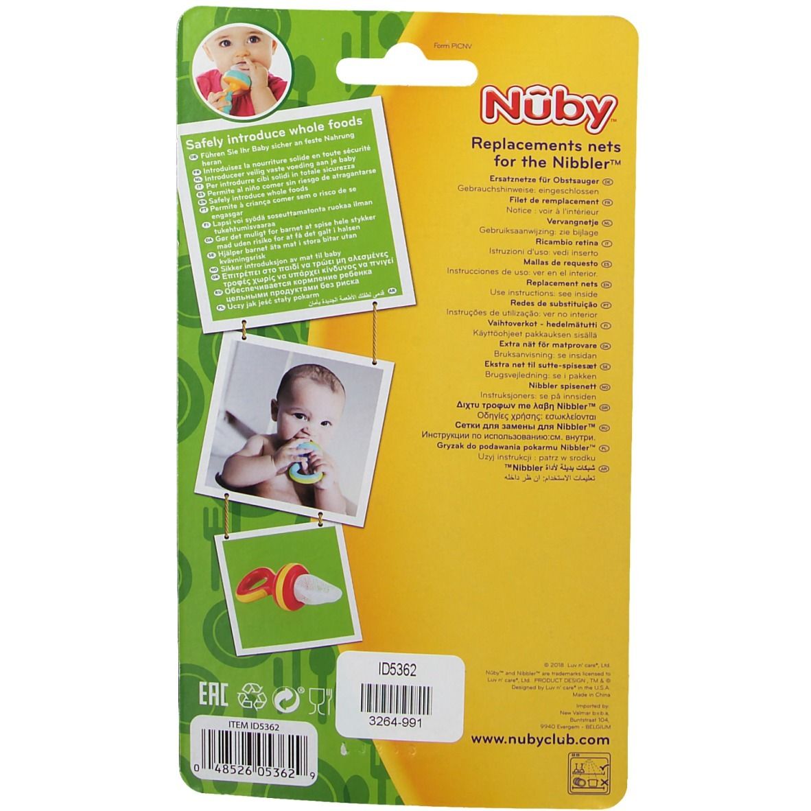 Rückseite der Verpackung mit Ersatznetzen für den Nuby-Obstbeißer. Produktname, Produktabbildungen, mehrsprachige Texte.