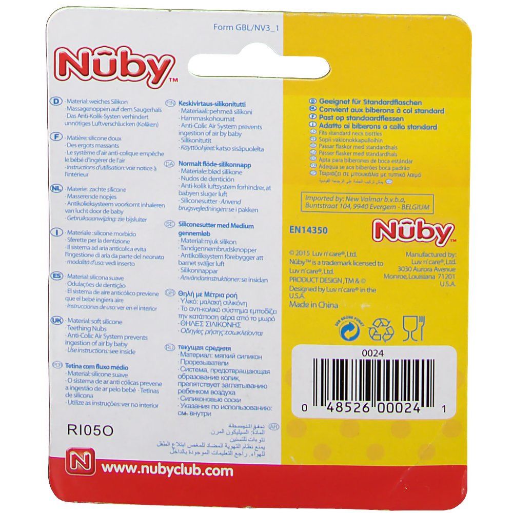 Nuby Verpackung mit Informationen zu Silikon-Sauger-Ersatzteilen und Anti-Kolik-System.