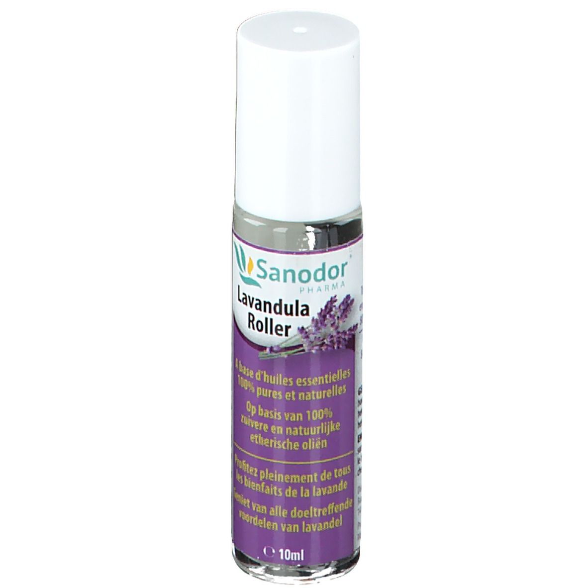 Cilindrische fles met witte dop. Opschrift: Sandor Lavandula Roller. Paars etiket met productinfo en lavendel illustratie.