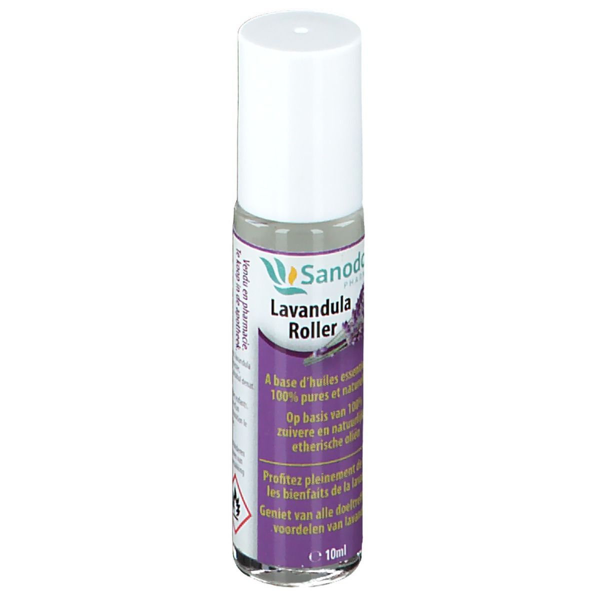 Cilindrische fles met witte dop. Opschrift: Sandor Lavandula Roller. Paars etiket met productinfo en lavendel illustratie.