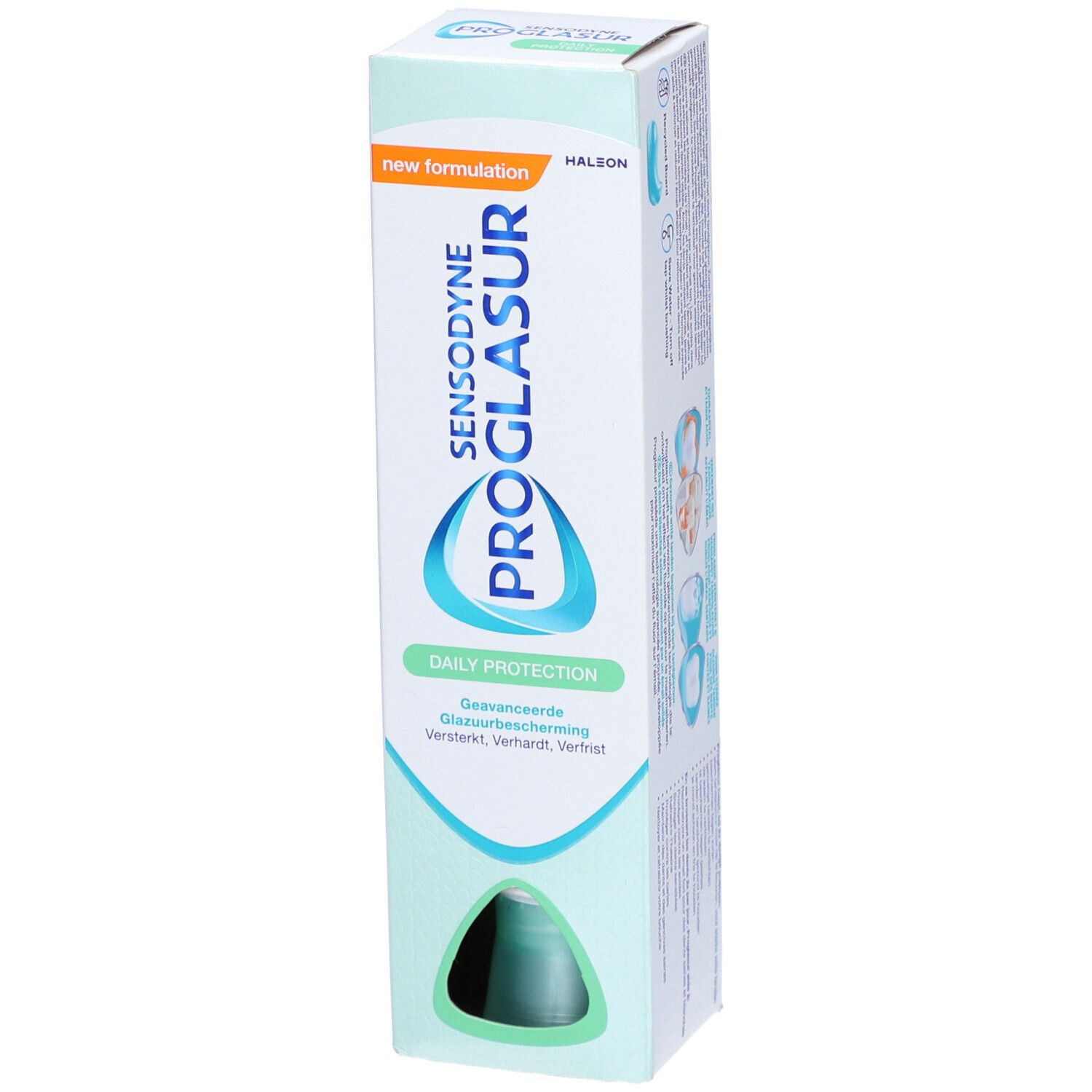 Emballage de Sensodyne Proglasur. Blanc-vert. Inscriptions : Proglasur, Daily Protection, nouvelle formulation. Vue du produit.