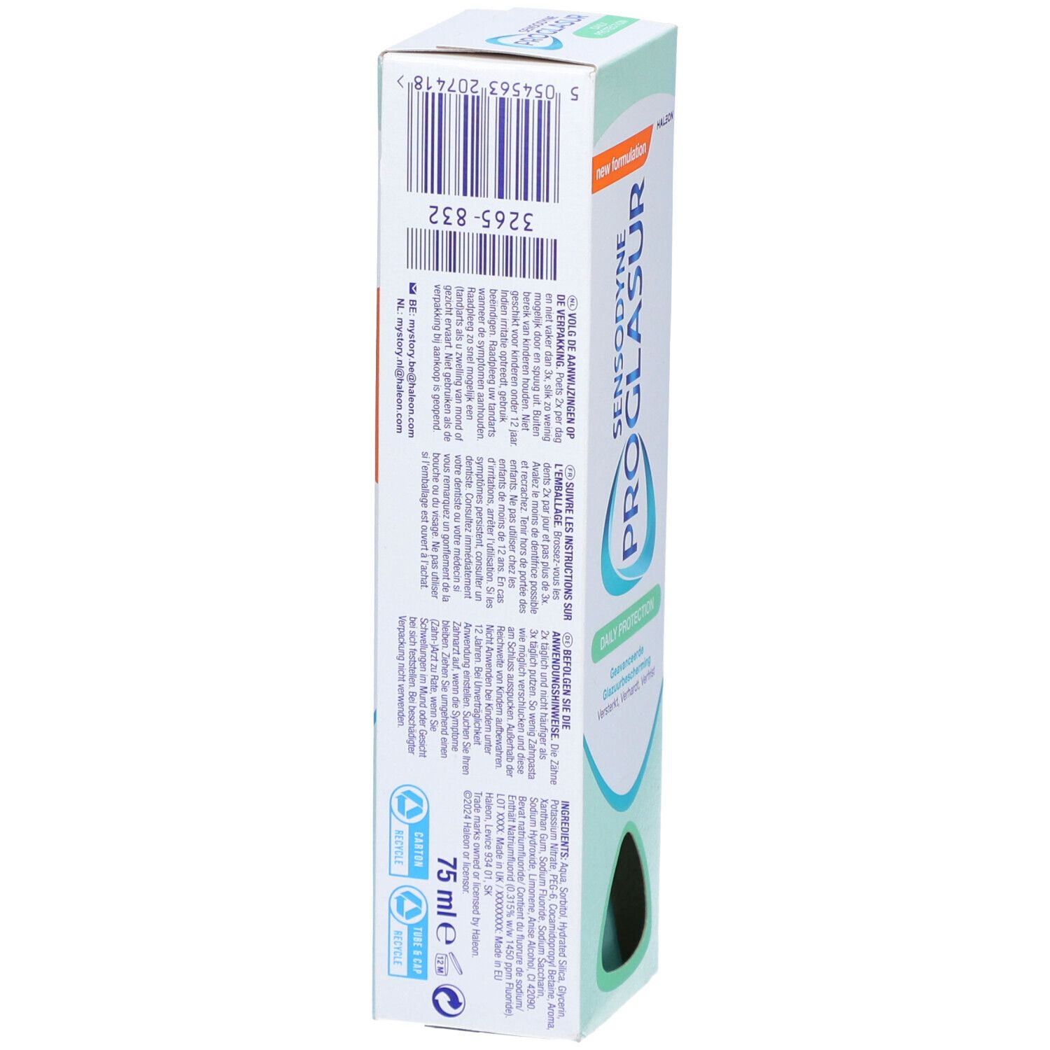 Dos de l'emballage Sensodyne Proglasur. Code-barres, texte, logos. Inscriptions : Proglasur, Daily Protection, 75 ml.