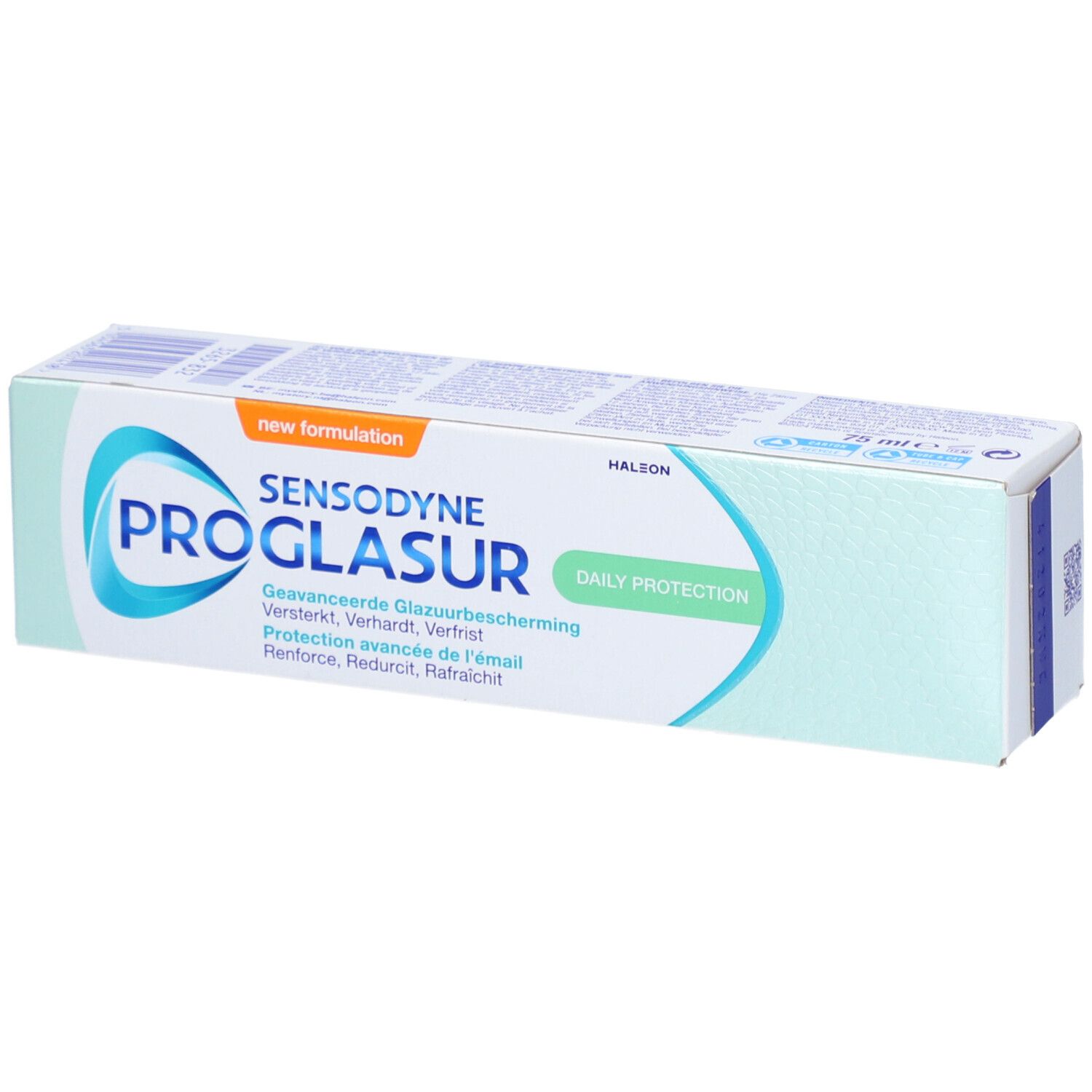 Emballage de Sensodyne Proglasur. Blanc-vert. Inscriptions : Proglasur, Daily Protection, nouvelle formulation. Vue du produit.
