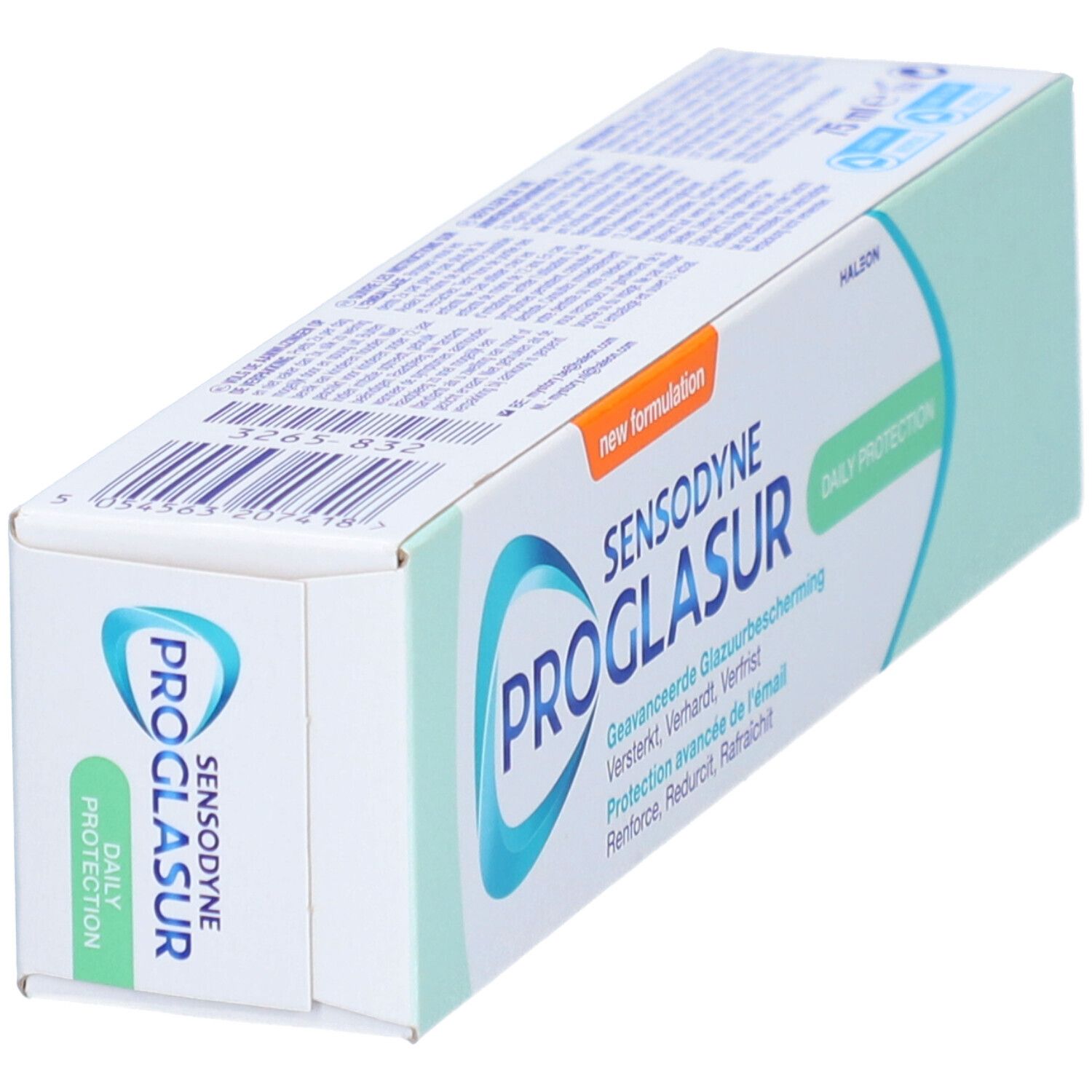 Emballage de Sensodyne Proglasur. Blanc-vert. Inscriptions : Proglasur, Daily Protection, nouvelle formulation. Vue du produit.