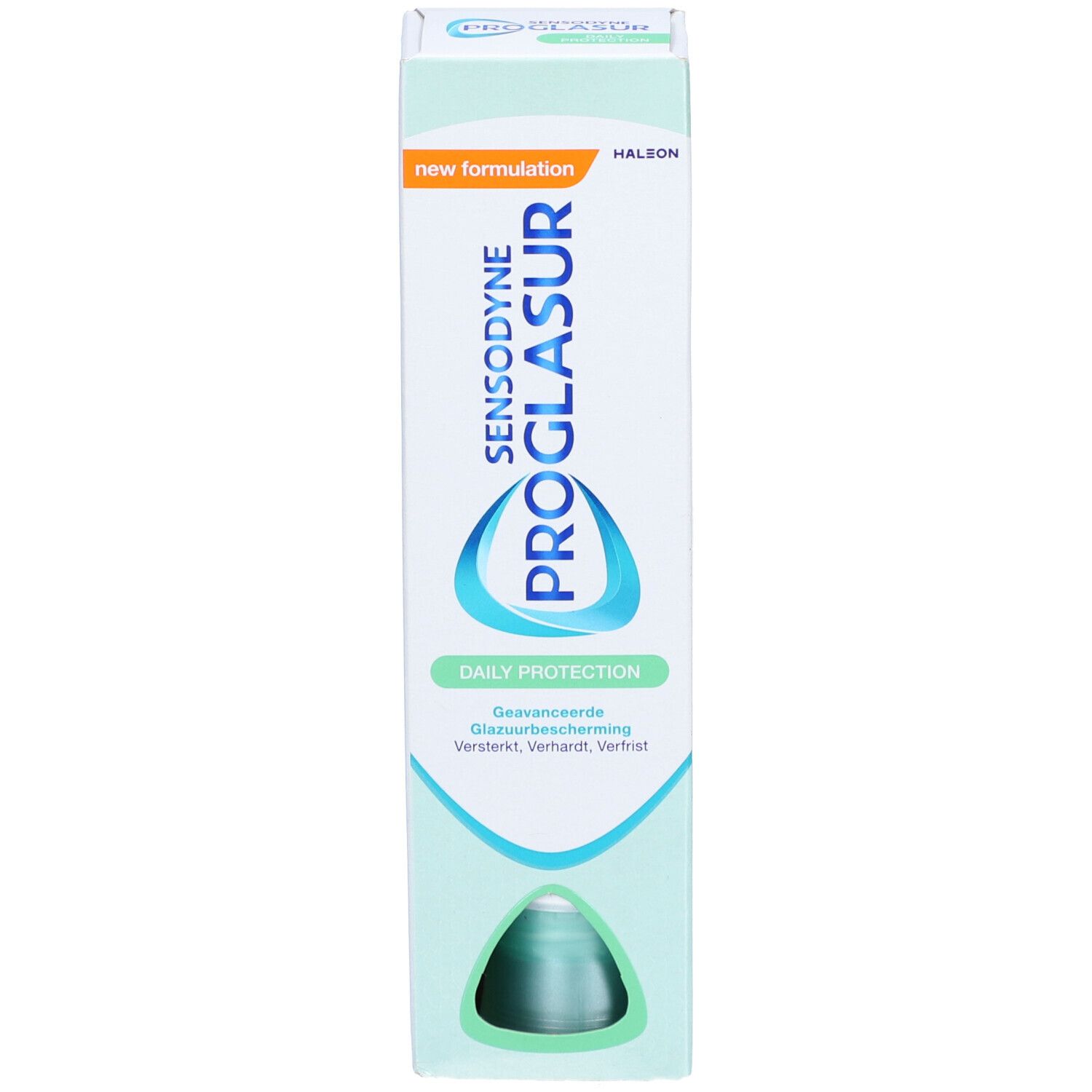Emballage de Sensodyne Proglasur. Blanc-vert. Inscriptions : Proglasur, Daily Protection, nouvelle formulation. Vue du produit.