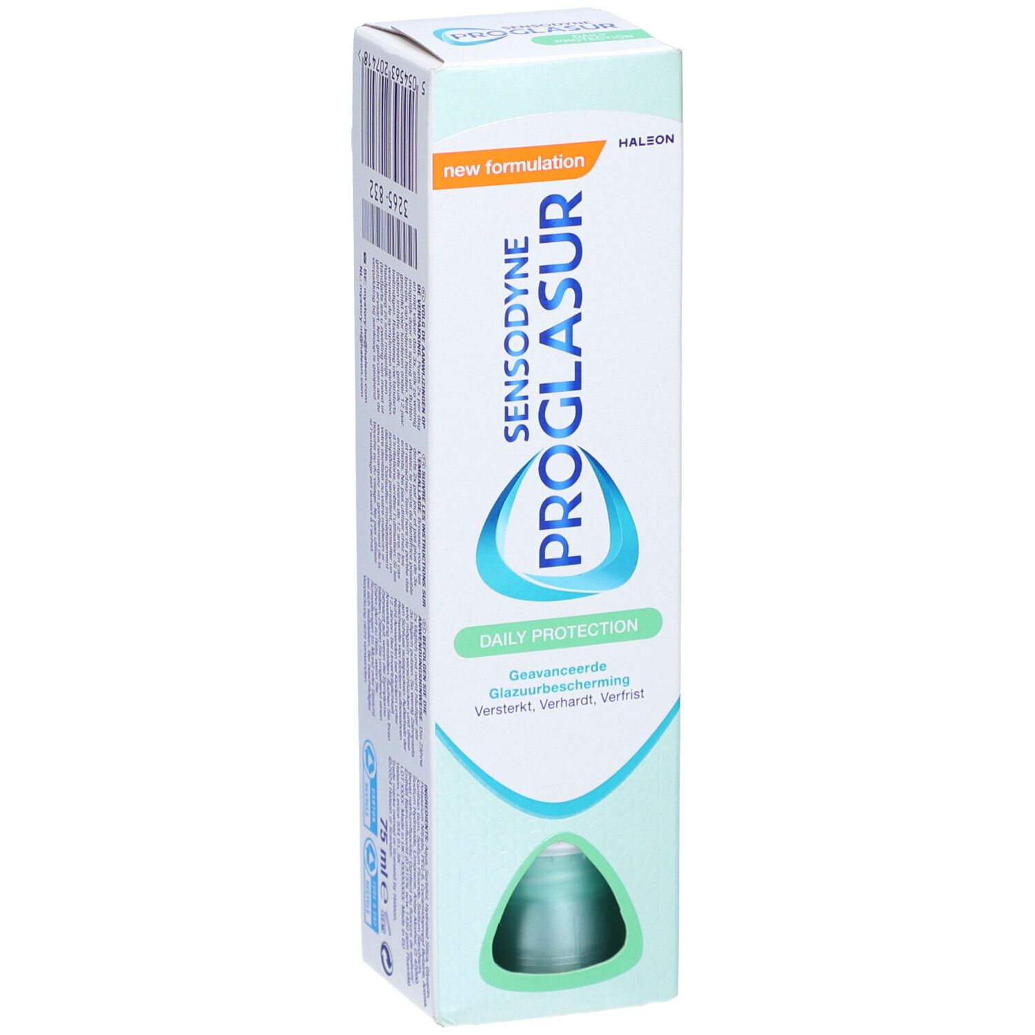Emballage de Sensodyne Proglasur. Blanc-vert. Inscriptions : Proglasur, Daily Protection, nouvelle formulation. Vue du produit.