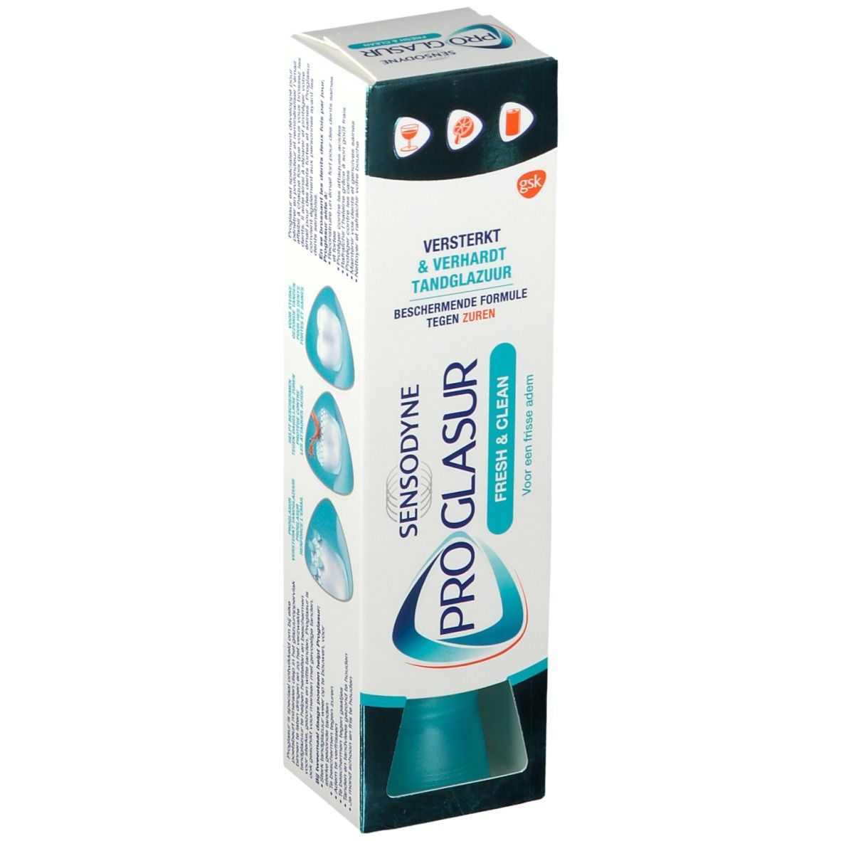 Emballage SENSODYNE PRO GLASUR Fresh & Clean. Blanc, accents bleu-vert. Texte: Renforce & durcit l'émail.