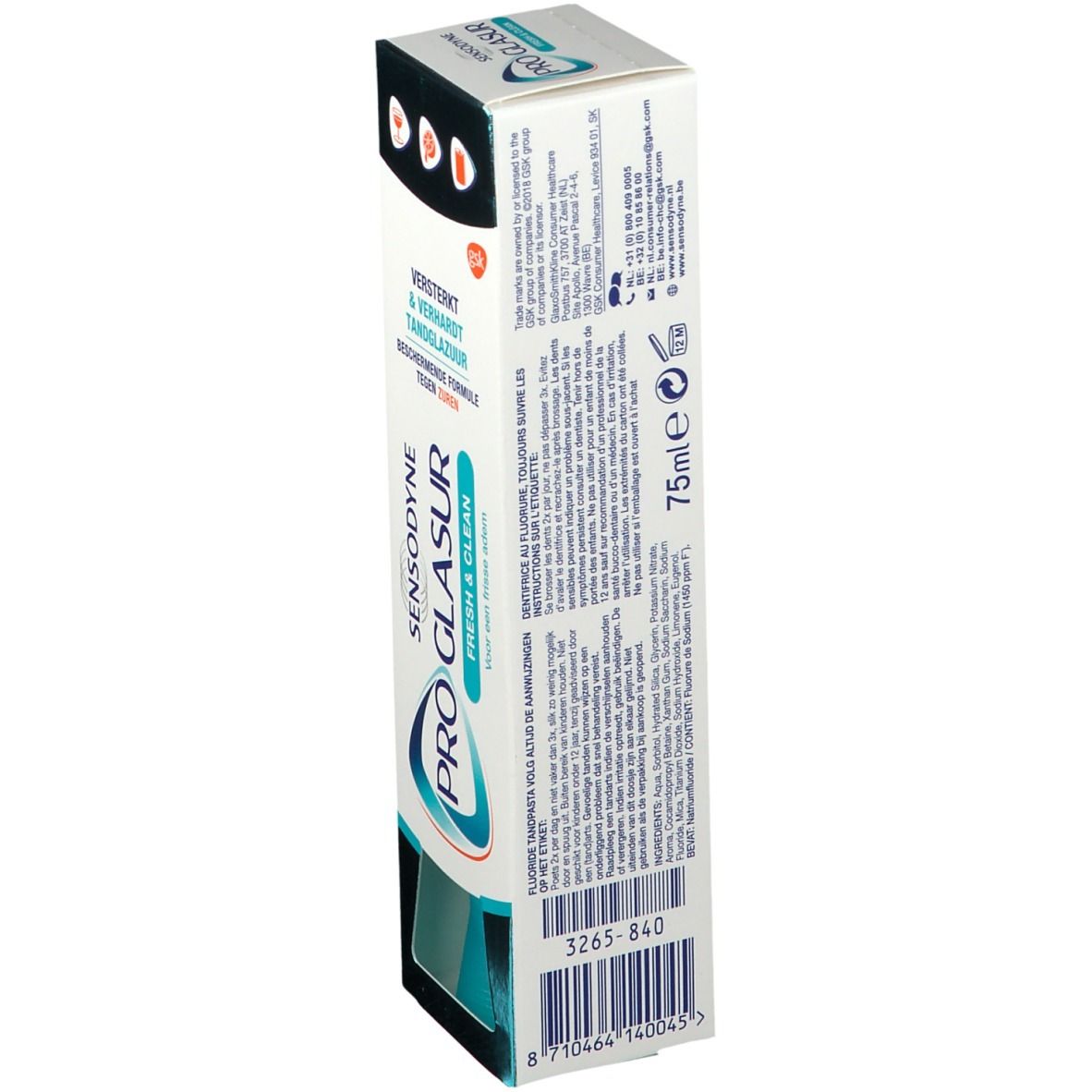 Emballage SENSODYNE PRO GLASUR Fresh & Clean. Dos avec texte et code-barres. 75ml.