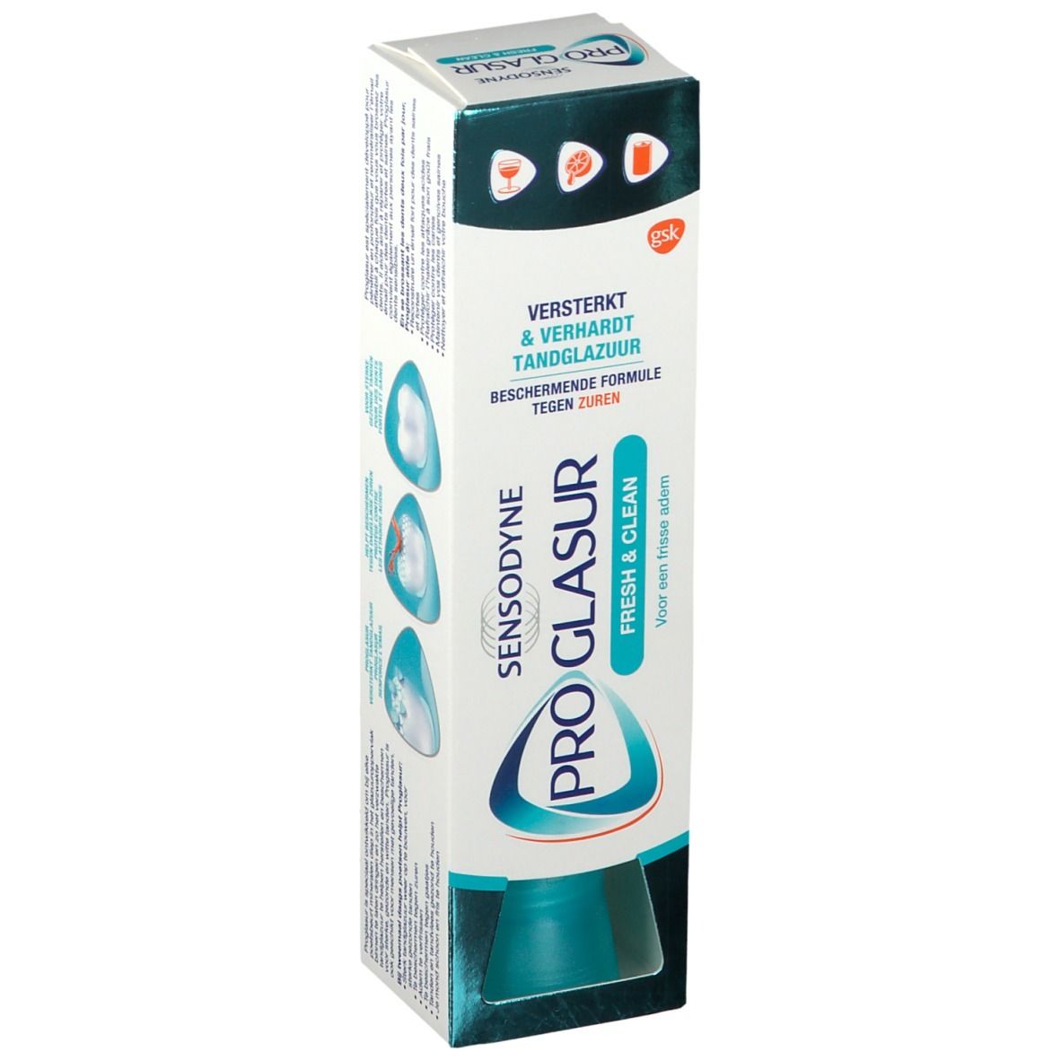 Emballage SENSODYNE PRO GLASUR Fresh & Clean. Blanc, accents bleu-vert. Texte: Renforce & durcit l'émail.