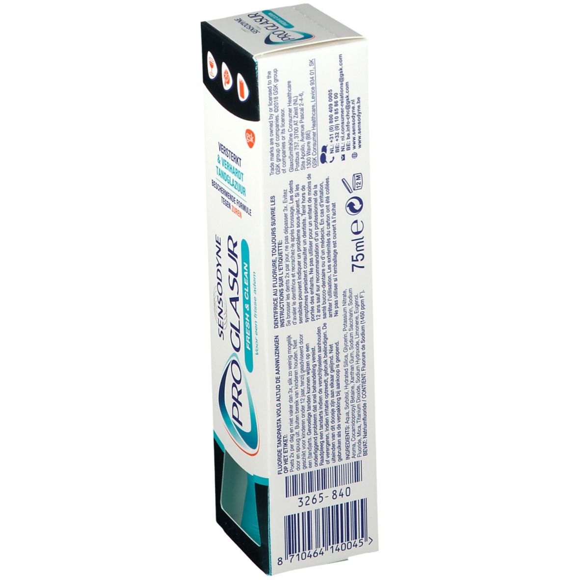 Emballage SENSODYNE PRO GLASUR Fresh & Clean. Dos avec texte et code-barres. 75ml.