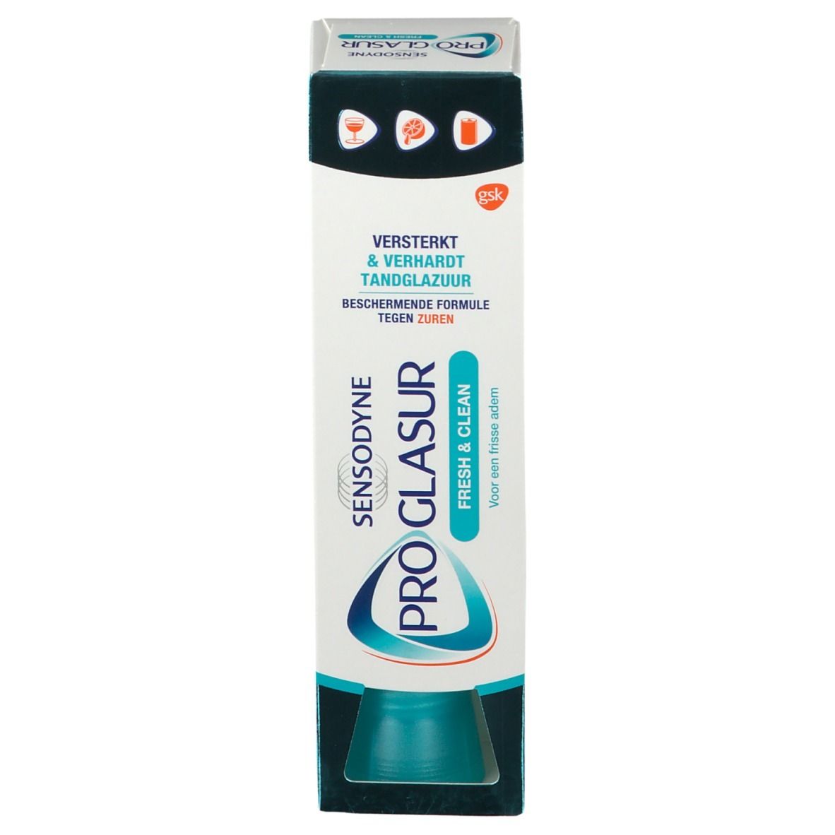 Emballage SENSODYNE PRO GLASUR Fresh & Clean. Blanc, accents bleu-vert. Texte: Renforce & durcit l'émail.