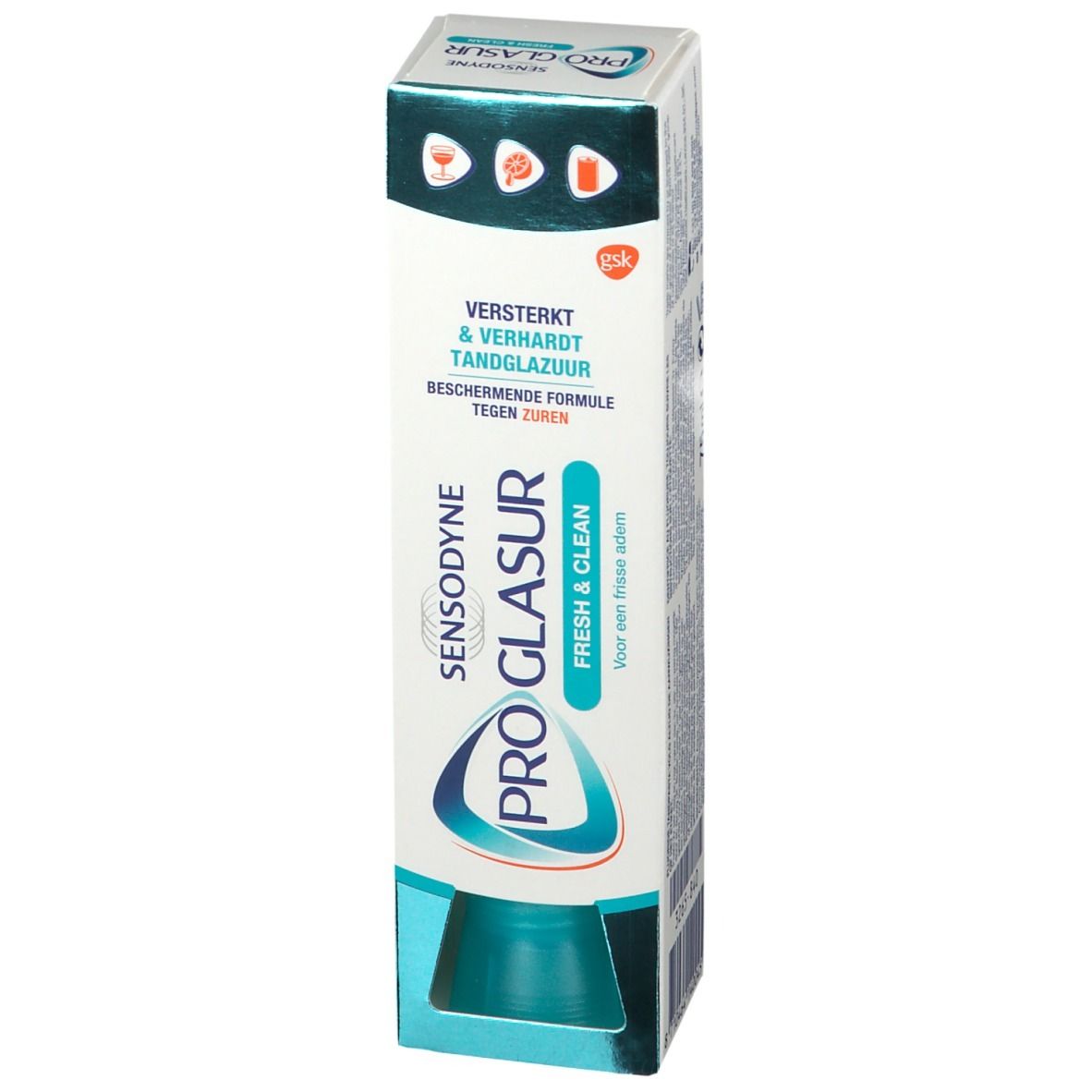Emballage SENSODYNE PRO GLASUR Fresh & Clean. Blanc, accents bleu-vert. Texte: Renforce & durcit l'émail.