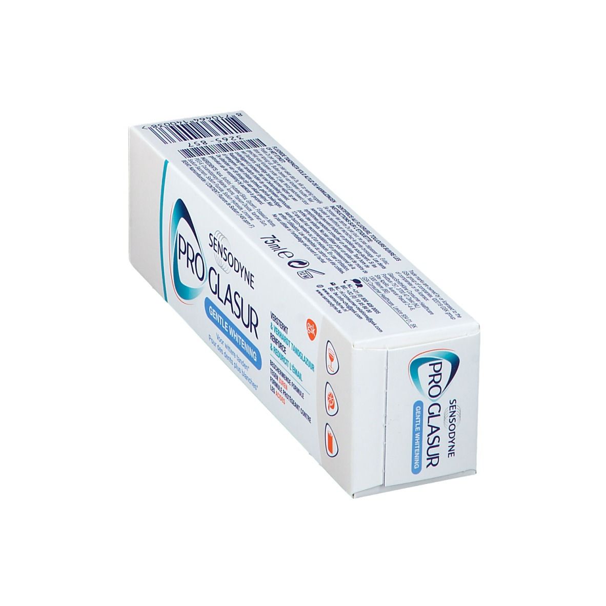 Boîte de dentifrice blanche avec accents bleu-turquoise. Inscription: SENSODYNE PRO GLASUR Gentle Whitening. 75ml.