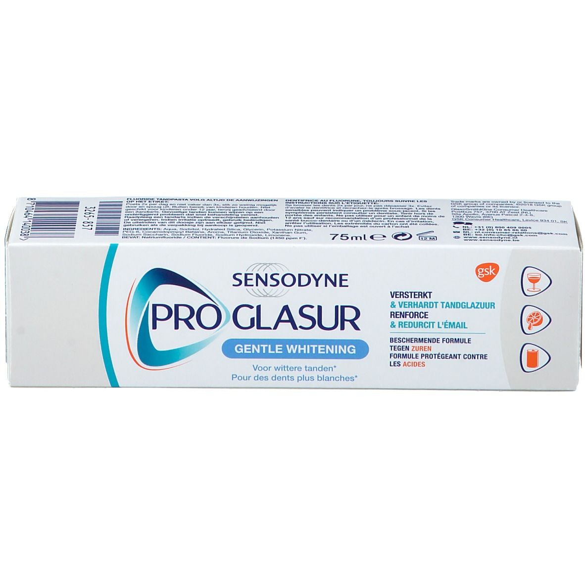 Boîte de dentifrice blanche avec accents bleu-turquoise. Inscription: SENSODYNE PRO GLASUR Gentle Whitening. 75ml.
