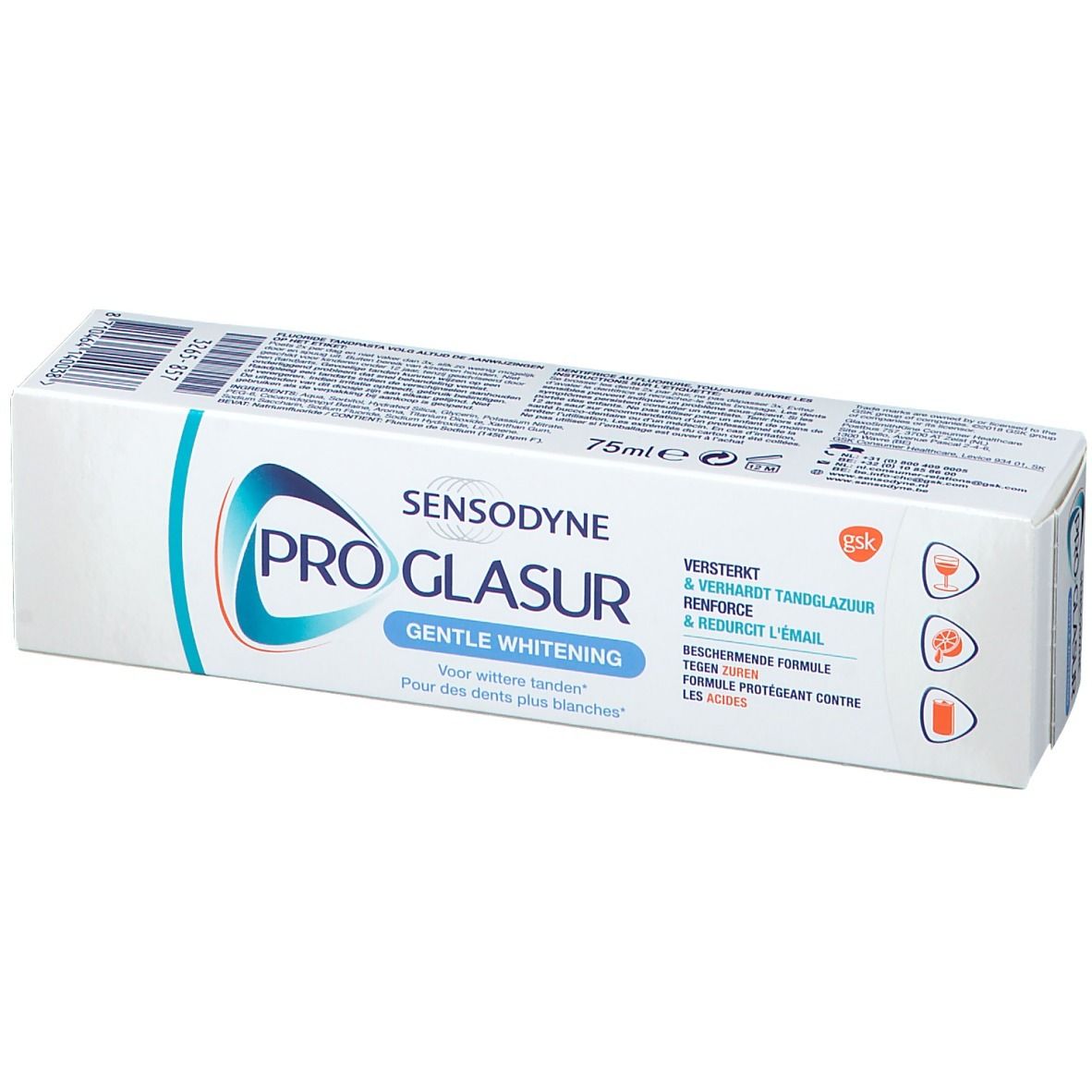 Boîte de dentifrice blanche avec accents bleu-turquoise. Inscription: SENSODYNE PRO GLASUR Gentle Whitening. 75ml.