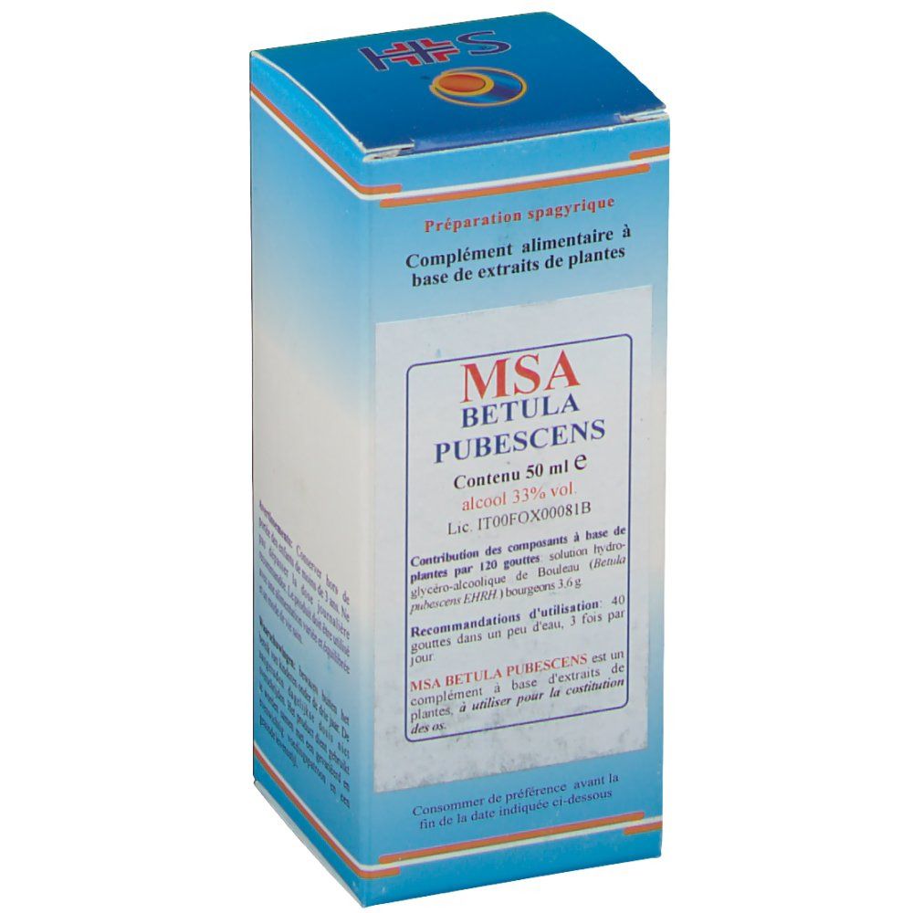 Boîte en carton avec informations produit. Inscription: MSA Betula Pubescens, contenu 50 ml, alcool 33% vol.
