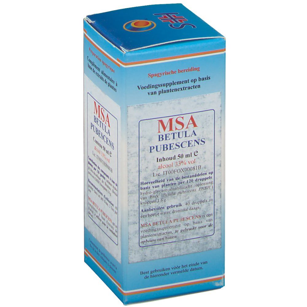 Boîte en carton avec informations produit. Inscription: MSA Betula Pubescens, contenu 50 ml, alcool 33% vol.