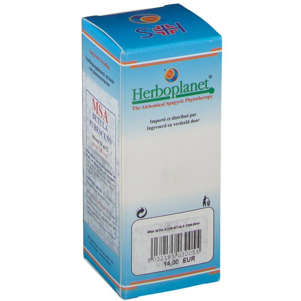 Boîte en carton avec informations produit. Inscription: Herboplanet, MSA Betula Pubescens, prix 14,00 EUR.