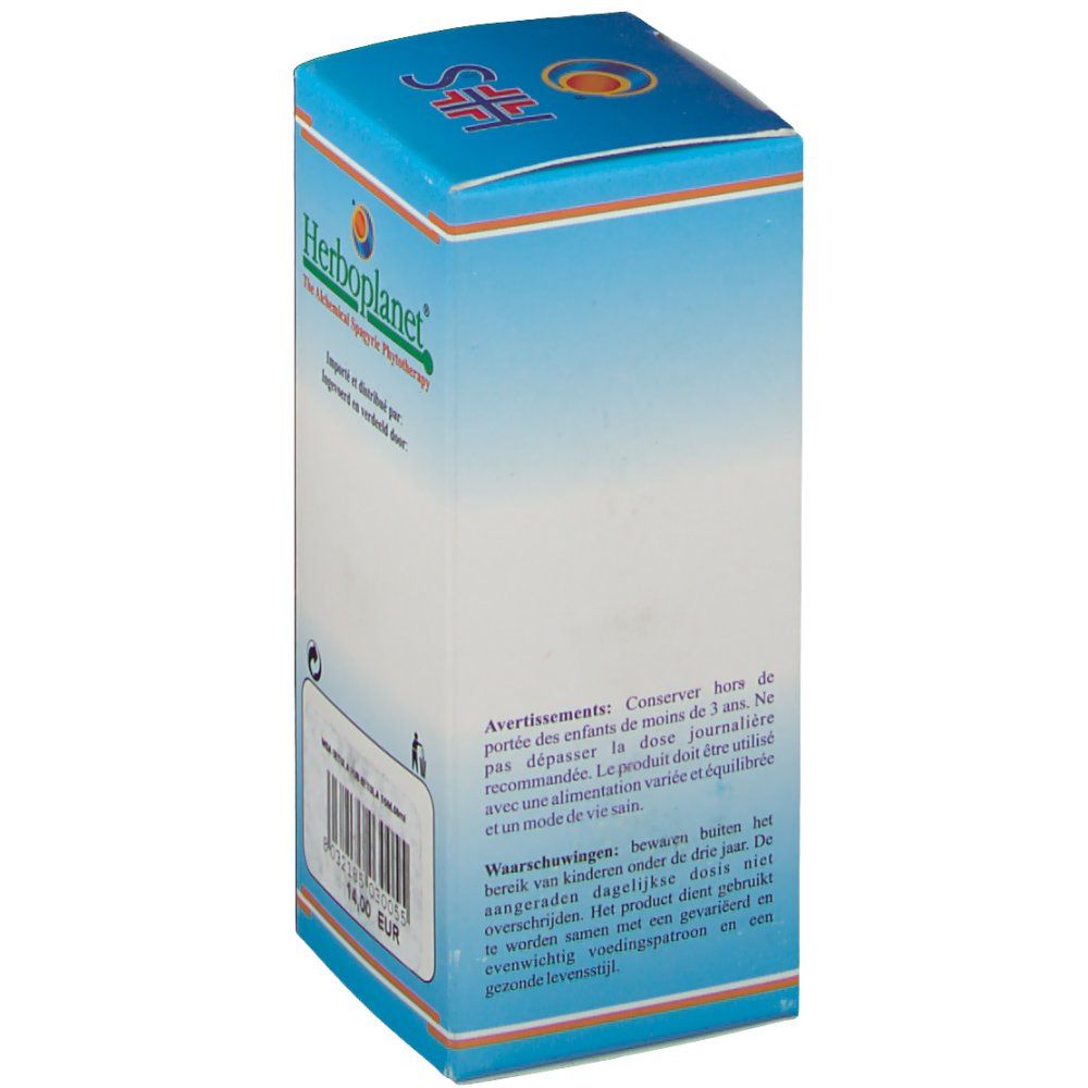 Boîte en carton avec informations produit. Inscription: Herboplanet, avertissements, prix 14,00 EUR.