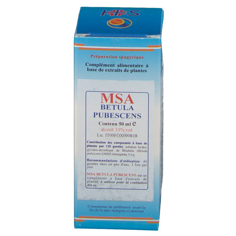 Boîte en carton avec informations produit. Inscription: MSA Betula Pubescens, contenu 50 ml, alcool 33% vol.