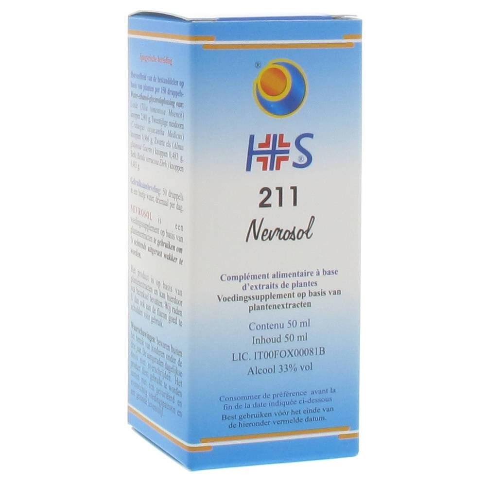 Boîte de HS® 211 Nevrosol. Emballage bleu et blanc avec nom et logo du produit. Contient 50 ml.