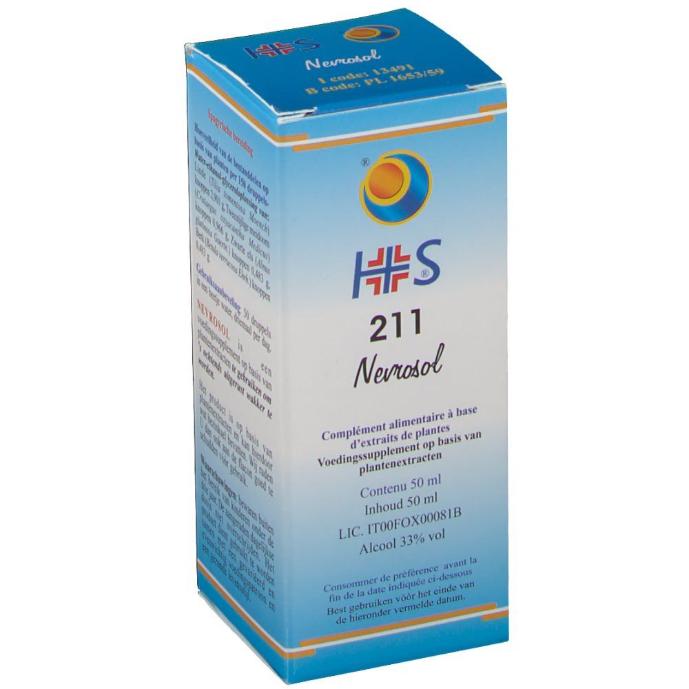 Boîte de HS® 211 Nevrosol. Emballage bleu et blanc avec nom et logo du produit. Contient 50 ml.