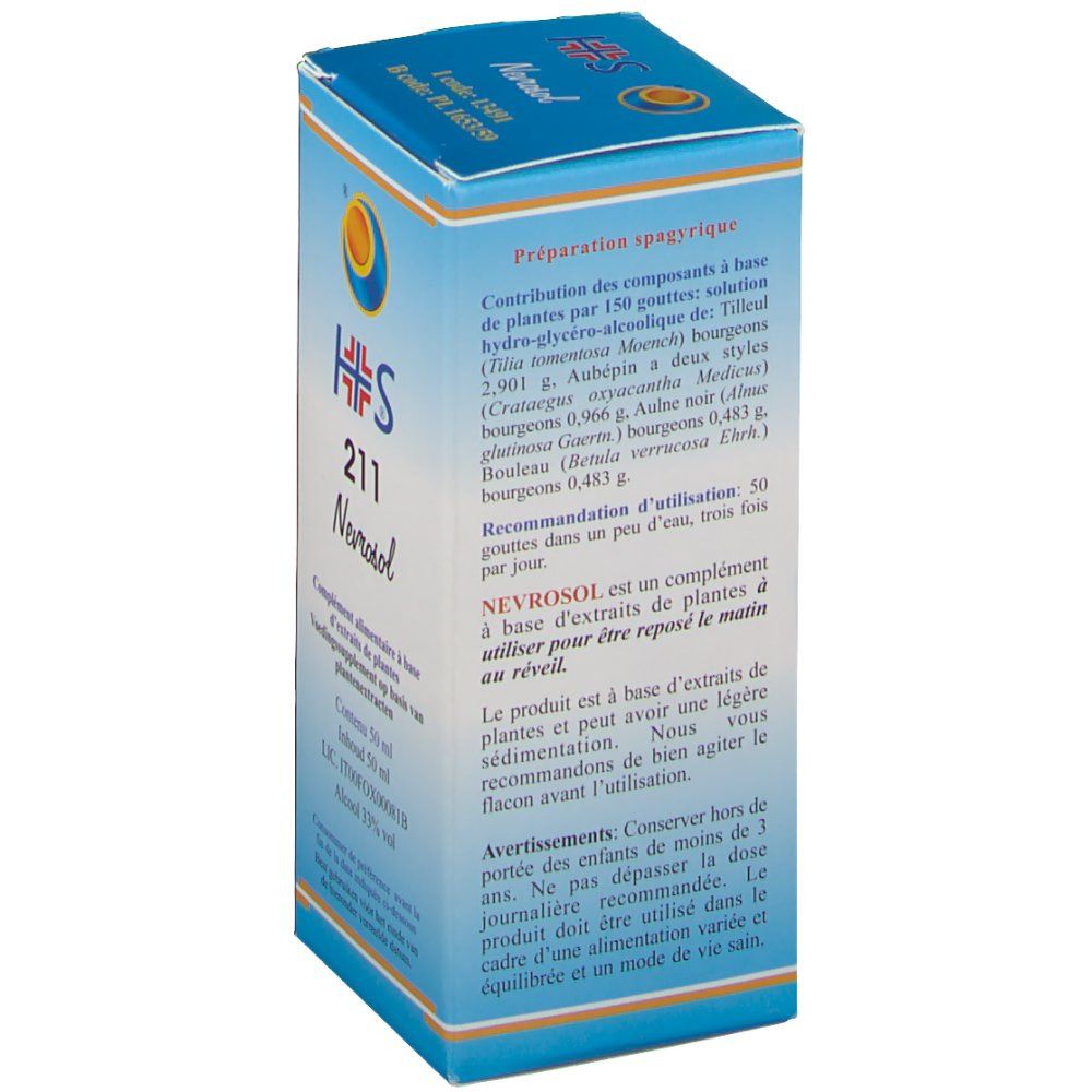 Dos de la boîte HS® 211 Nevrosol. Texte avec ingrédients et instructions d'utilisation. Emballage bleu et blanc.
