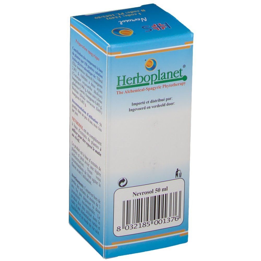 Emballage HS® 211 Nevrosol. Logo Herboplanet. Code-barres et nom du produit. Emballage bleu et blanc.