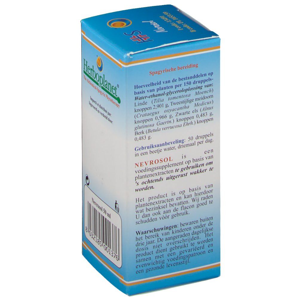 Dos de la boîte HS® 211 Nevrosol. Texte avec ingrédients et instructions d'utilisation. Emballage bleu et blanc.